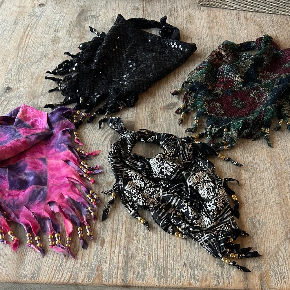 Vintage Four Beaded Fringe Scarves - Black, Pink, Green, Patterned - Picture 1 of 4